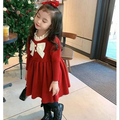 兒童聖誕裝 聖誕節服裝兒童 寶寶聖誕裝 聖誕服 聖誕服裝女童 2022新年女童紅色聖誕款蝴蝶結洋裝針織裙兒童寶寶公主禮服