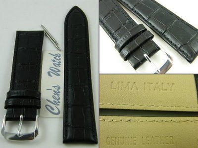錶帶屋 LIMA 義大利牛皮壓鱷魚紋牛皮真皮錶帶 霧面黑色16mm 12mm