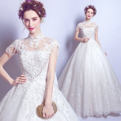 2018天使嫁衣婚紗禮服新款 奢華蕾絲水晶花朵公主新娘修身齊地婚紗禮服