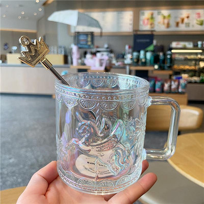 現貨 星巴克杯子新款炫彩咖啡樂園旋轉木馬機壓玻璃杯水杯茶杯配攪拌棒