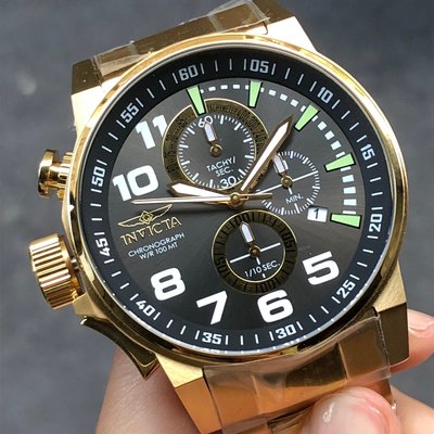 全新現貨出清價 可自取 INVICTA 17416 手錶 46mm 三眼計時 金色錶圈 黑面盤 金色鋼錶帶 男錶女錶