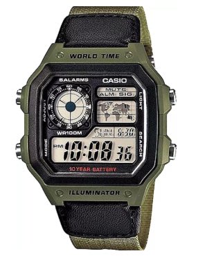 【萬錶行】CASIO AE-1200WHB-3B 十年電力世界時間黑帆布錶帶款