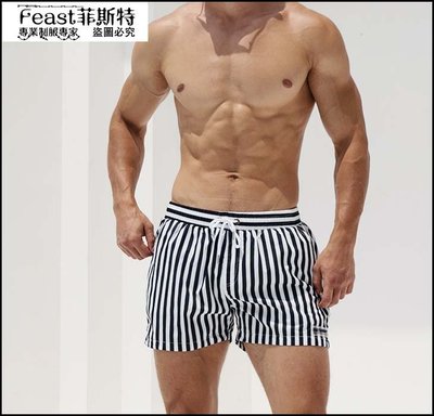 【Feast-菲斯特】-條紋沙灘褲 速幹海軍風寬鬆泳褲 夏季潮男海邊戲水短褲S613