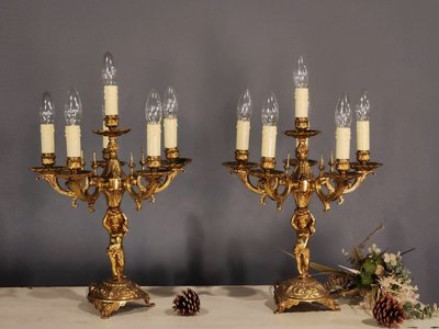 ⚜️卡卡頌 歐洲古董⚜️法國 高質感 厚實純銅 天使 立體 古典 桌燈 檯燈 (六燈) 古董燈B5494 ✬