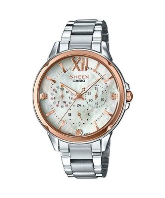 【CASIO 專賣】SHE-3056SG-7A 外觀上採用珍珠母貝錶盤及切割玻璃錶面設計，並綴上施華洛世奇水晶
