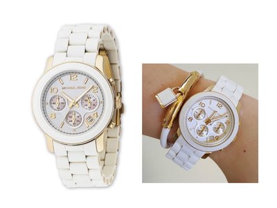MICHAEL KORS Runway 白色錶盤 白色橡膠包覆金色不鏽鋼錶帶 石英 三眼計時女士手錶 MK5145