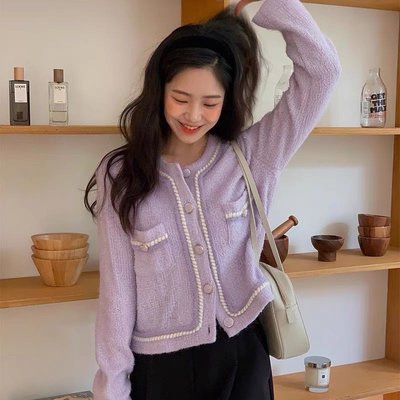韓國chic🌾浪漫紫包邊雙口袋針織外套  毛衣外套