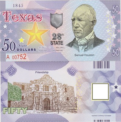 萬福古錢幣收藏家（可議價）全新2017年 美國 50 德克薩斯州50 塑料鈔 二十八州 山姆·休斯頓