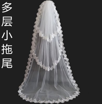 婚紗禮服新娘頭紗蕾絲花邊長款小拖尾結婚頭紗