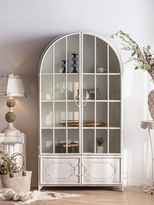 促銷打折 法式復古鐵藝拱形網紅書柜一體靠墻客廳白色帶玻璃門落~