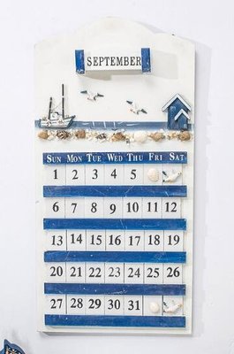 5904A 歐式 帆船地中海風格年曆 壁掛木質年曆月曆 牆掛擺飾海鳥小屋造型掛曆裝飾品