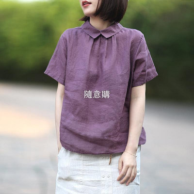 熱賣 文藝 套頭紫色棉麻襯衫女寬松娃娃領短袖襯衣夏季新款亞麻上衣 促銷