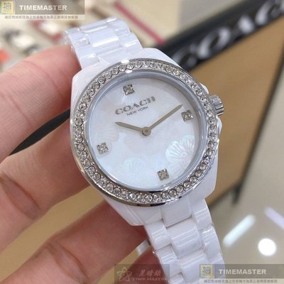 COACH手錶,編號CH00068,32mm白圓形陶瓷錶殼,櫻花貝母時分中二針顯示, 貝母錶面,白陶瓷錶帶款