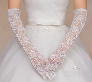 4614A 歐式蕾絲花朵新娘手套 婚紗攝影新娘長款手套 白色蕾絲雕花透膚手套婚禮手套