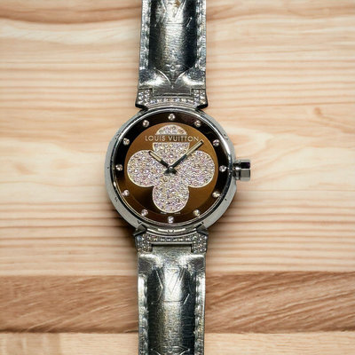 樂時計 特價二手無盒單 LV 路易威登 小滿天星面盤 原裝鑽石 Q131G 34mm 不銹鋼石英 Tambour Forever 女士腕錶