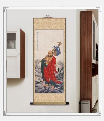 達摩渡江圖達摩祖師畫像裝飾畫捲軸掛畫客廳佛堂裝飾畫達摩面壁圖45*100cm