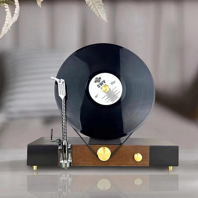 現代輕奢立式復古留聲機黑膠唱片原木創意擺件模型桌面書房樣板間【音悅俱樂部】