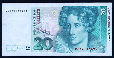 德國紙幣 1993年版 20馬克（植物學家 許塞爾） 8成以上品相！ 紙幣 紀念鈔 紙鈔【悠然居】400