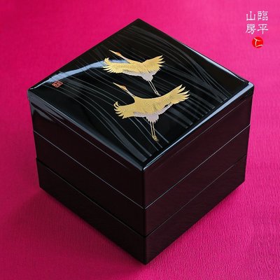 現貨熱銷-日本山中漆器首飾盒新年干果盒結婚送禮手工金箔祥鶴三層漆器盒子爆款