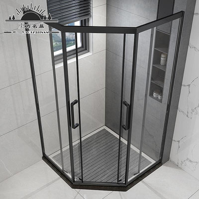 黑色不銹鋼鉆石型淋浴房移門衛生間干濕分離洗澡房浴室玻璃推拉門-東方名居V
