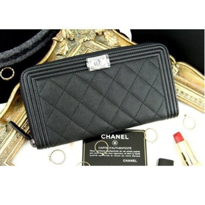 【日本二手】Chanel Boy Zipped Wallet 黑色 銀CC 荔枝紋 拉鍊 長夾