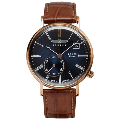 ZEPPELIN 齊柏林飛船 7137-3 手錶 36mm Rome 德國錶 軍風 藍色面盤 咖啡色皮錶帶 男錶女錶