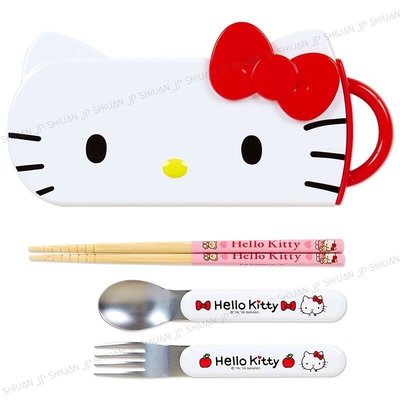 *現貨*日本製 三麗鷗 Hello Kitty 凱蒂貓 大臉 抽拉式 環保餐具組 兒童餐具組 筷子 湯匙 叉子 附收納盒