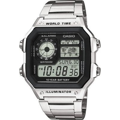 CASIO WATCH 卡西歐世界地圖十年電力不鏽鋼數位石英腕錶 型號：AE-1200WHD-1A【神梭鐘錶】