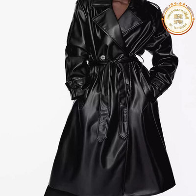 ZARA秋冬女裝高級感黑色皮衣配腰帶長版仿皮風衣外套3046072