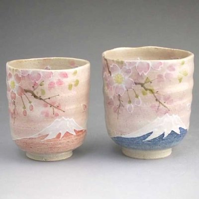 發現花園 日本選物~日本製 京都 清水燒 夫婦茶杯 湯吞杯 禮盒組 - 富士山櫻花