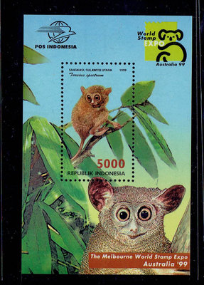 野生動物類-印尼郵票- 1999年-澳洲世界郵票展覽-眼鏡猴小型張(不提前結標)