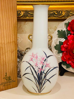 日本回流 香蘭社 雙耳描金 粉蘭花 花瓶 擺件 飾品
