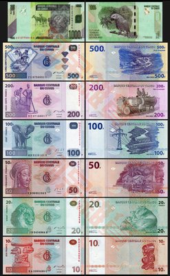 森羅本舖 非洲 剛果 絕版 七張一套 鈔票 全新 無摺痕 收藏 附透明套 100%實體拍攝 真鈔 浮水印 動物