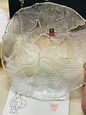 【二手】日本回流 Kagami 水晶 浮雕銀杏葉 盤 碟 皿 果盤 回流 老貨 收藏 【天地通】-3773