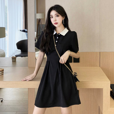 韓版女裝甜美撞色翻領顯瘦黑裙小個子桔梗裙連衣裙