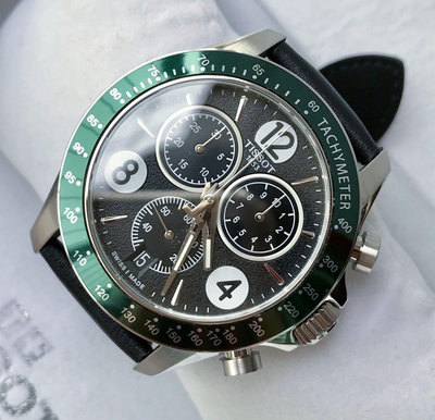 TISSOT T-SPORT V8系列 黑色面錶盤 黑色皮革錶帶 石英 三眼計時 男士手錶T1064171605700