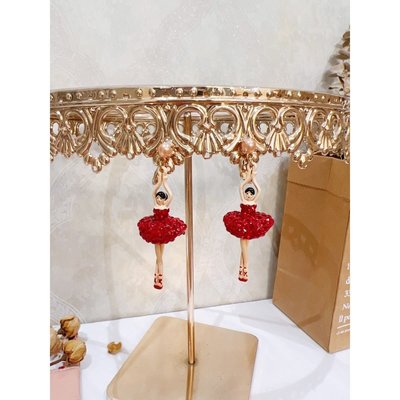潮款現貨法國Les Nereides芭蕾舞女孩系列 紅色鉆鑲滿鉆 珍珠耳環耳釘耳夾-雙喜生活館
