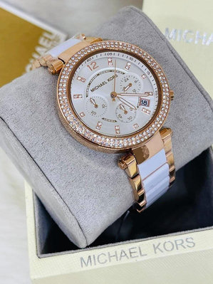 MICHAEL KORS 玫瑰金色晶鑽圈 白色錶盤 不鏽鋼錶帶 石英 三眼計時 女士手錶 MK5774