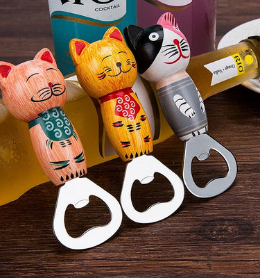木柄開瓶器創意木質多用途卡通貓咪啤酒開瓶器起子家用磁性冰箱貼