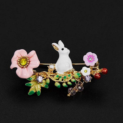 【Koaa海購】Les Nereides 魔法遇到系列 琺瑯彩釉粉色花朵白色小兔子珍珠漿果流