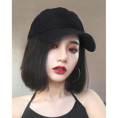 UM-帽子假髮一件式時尚波波頭短髮女夏天網紅圓臉氣質短直髮韓國全頭套