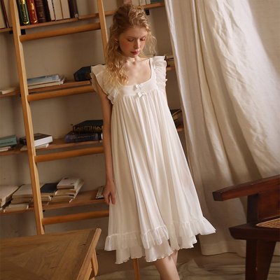 CM原創款睡衣女夏季法式浪漫宮廷風蕾絲公主白色睡衣裙套頭家居服