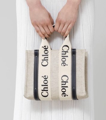 【翰貝格名牌館】全新真品 Chloé 爆款 字母 Woody Tote Bag 小型 深藍色 帆布 手提 托特包