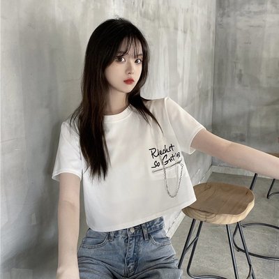 T恤短T短袖T恤夏季韓版新款寬鬆短款設計感拉鏈字母印花短袖T恤學生上衣女OL通勤仕女服裝