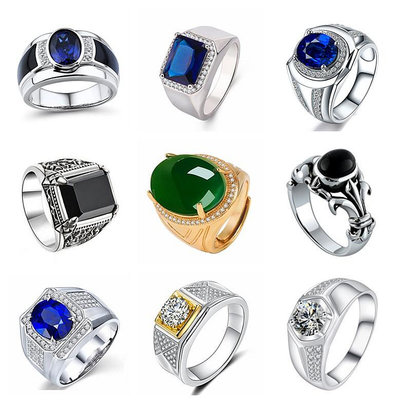 時尚男款戒指 男士指環新款時尚鍍18K鉑金鑲嵌天然鑽石彩色藍寶石戒指 5A坦桑石戒指