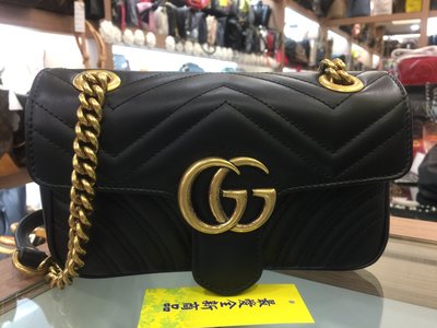 ☆最愛二手精品☆ GUCCI 446744 全新黑色全皮金鍊翻蓋W紋鍊帶肩背包斜背包 MARMONT 22CM