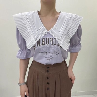 韓國❣️風琴褶大翻領拼接蕾絲短袖T恤