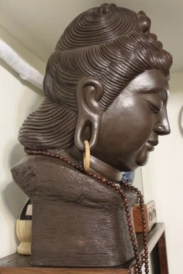 宜興國家級高工 尹祥明製款  紫泥釋迦牟尼佛首雕像(高:約73cm)  歡迎鑑賞