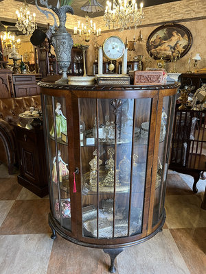 英國百年古董手工鑲嵌玻璃桃花心木雕刻圓弧玻璃展示櫃 #823051