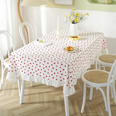 桌巾小清新全棉印花草莓荷葉邊木耳邊白球茶幾臺布餐桌布戶外野餐裝飾